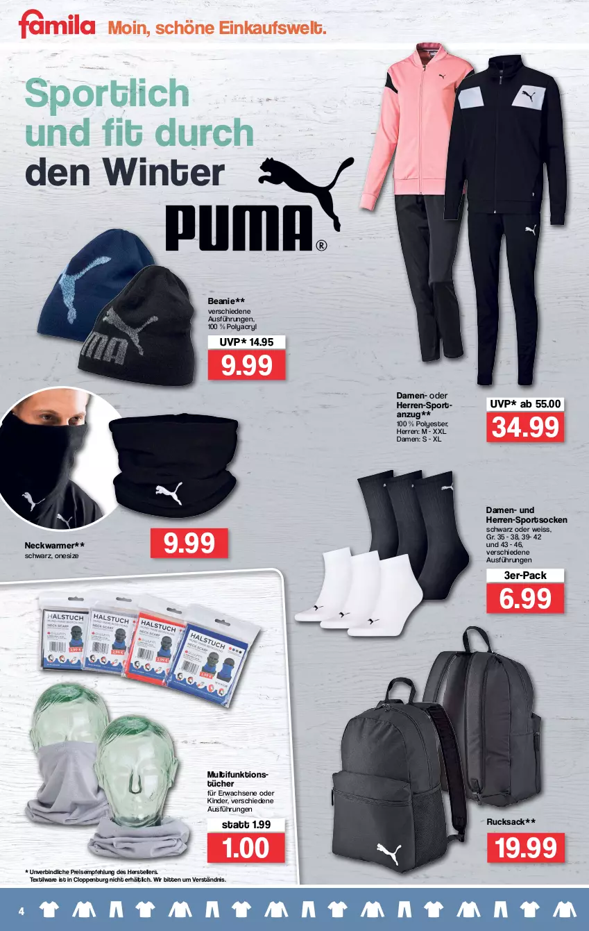 Aktueller Prospekt Famila - Prospekte - von 03.01 bis 08.01.2022 - strona 4 - produkty: Anzug, Beanie, eis, elle, Kinder, reis, rucksack, sac, socken, Sport, sportsocken, teller, Ti, tücher