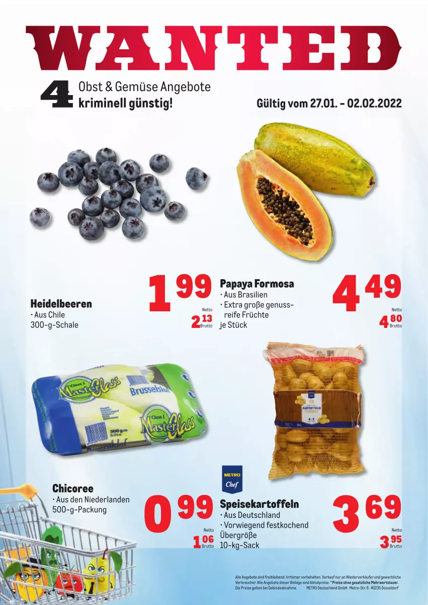 Aktueller Prospekt Metro - Obst & Gemüse Frischepreise - von 27.01 bis 02.02.2022 - strona 1 - produkty: abholpreise, angebot, angebote, beere, beeren, brut, eis, früchte, heidelbeere, heidelbeeren, ilag, kartoffel, kartoffeln, Metro, nuss, obst, Papaya, Rauch, reis, rwe, sac, Schal, Schale, speisekartoffeln, Ti