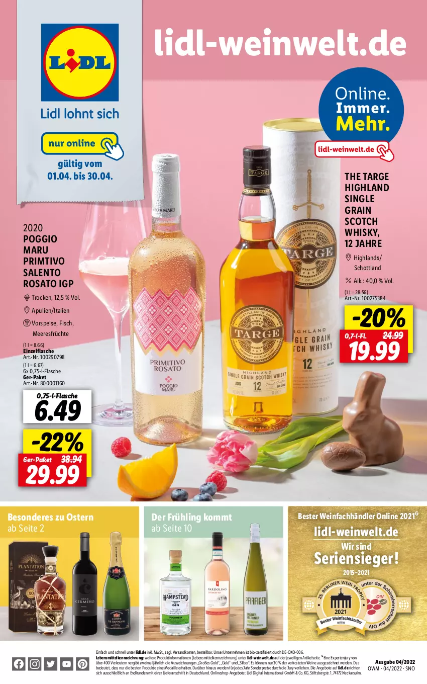 Aktueller Prospekt Lidl - Beste Weine für jeden Anlass - von 31.03 bis 30.04.2022 - strona 1 - produkty: angebot, angebote, bio, eis, erde, fisch, flasche, früchte, lebensmittel, meeresfrüchte, ndk, reis, rosato, schott, scotch, scotch whisky, Ti, vorspeise, wein, weine, whisky