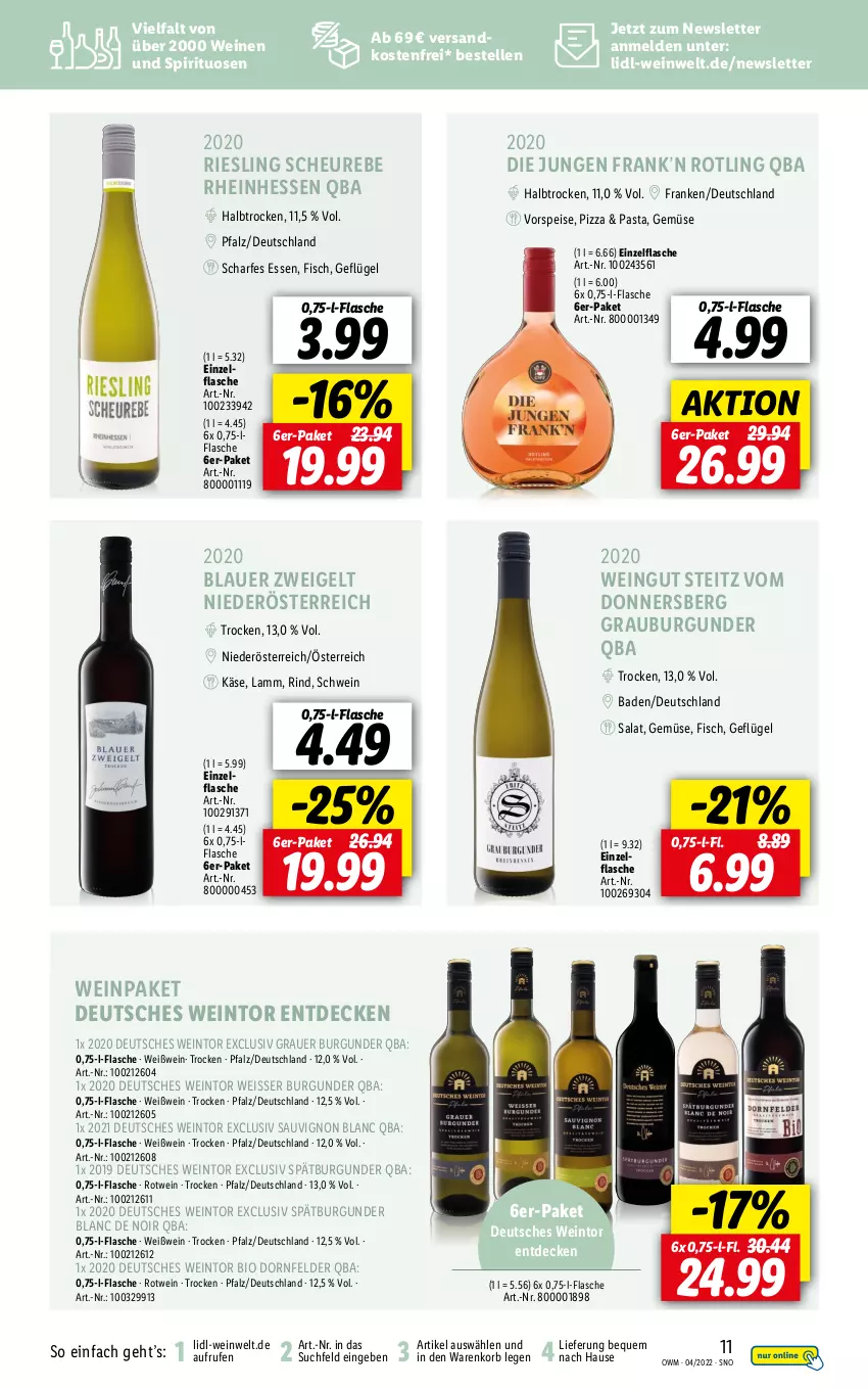 Aktueller Prospekt Lidl - Beste Weine für jeden Anlass - von 31.03 bis 30.04.2022 - strona 11 - produkty: auer, Bad, bio, blauer zweigelt, burgunder, decke, dornfelder, eis, elle, fisch, flasche, Geflügel, grauburgunder, grauer burgunder, Heu, Käse, korb, lamm, ndk, pasta, pizza, riesling, rind, rotwein, salat, sauvignon, sauvignon blanc, schwein, spätburgunder, spirituosen, Ti, versandkostenfrei, vorspeise, wein, weine, Weißwein, Zweigelt