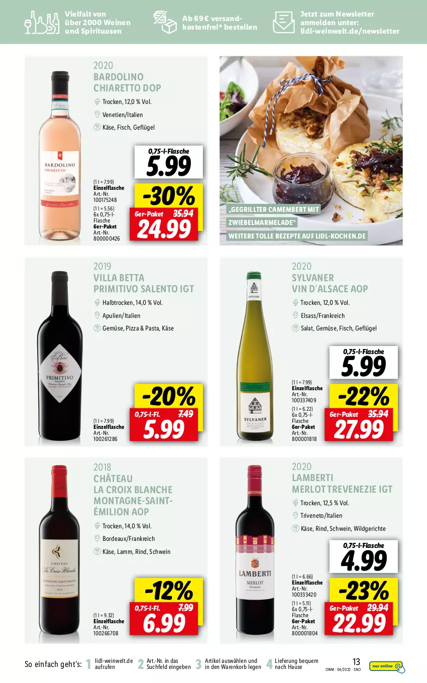 Aktueller Prospekt Lidl - Beste Weine für jeden Anlass - von 31.03 bis 30.04.2022 - strona 13 - produkty: Amber, bett, camembert, chia, elle, fisch, flasche, Geflügel, grill, Käse, korb, lamm, lion, marmelade, merl, merlot, ndk, pasta, pizza, primitivo, rezept, rezepte, rind, sac, salat, schwein, spirituosen, Ti, versandkostenfrei, wein, weine, Wild, zwiebel