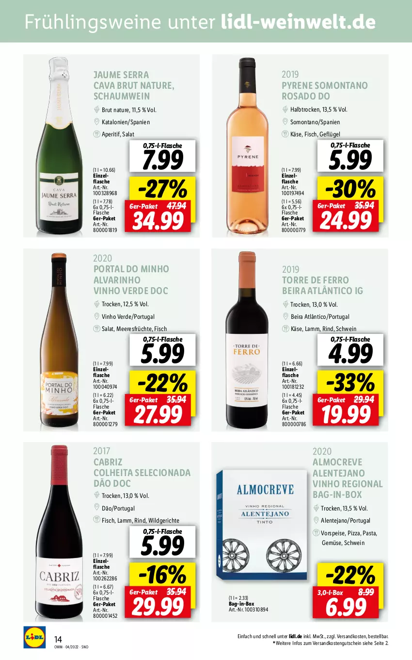 Aktueller Prospekt Lidl - Beste Weine für jeden Anlass - von 31.03 bis 30.04.2022 - strona 14 - produkty: aperitif, bag-in-box, brut, Cava, eis, ente, erde, fisch, flasche, früchte, Geflügel, gsw, gutschein, Käse, lamm, meeresfrüchte, natur, ndk, pasta, pizza, rind, salat, schwein, Ti, vinho verde, vorspeise, wein, weine, Wild