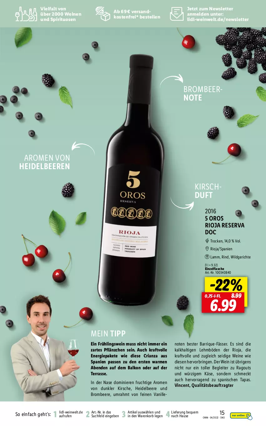 Aktueller Prospekt Lidl - Beste Weine für jeden Anlass - von 31.03 bis 30.04.2022 - strona 15 - produkty: beere, beeren, brombeere, elle, flasche, frucht, gsw, heidelbeere, heidelbeeren, Käse, kirsch, kirsche, korb, kraft, lamm, ndk, Ragout, Ria, rind, ring, rioja, spirituosen, Tapas, Ti, vanille, versandkostenfrei, wein, weine, Wild