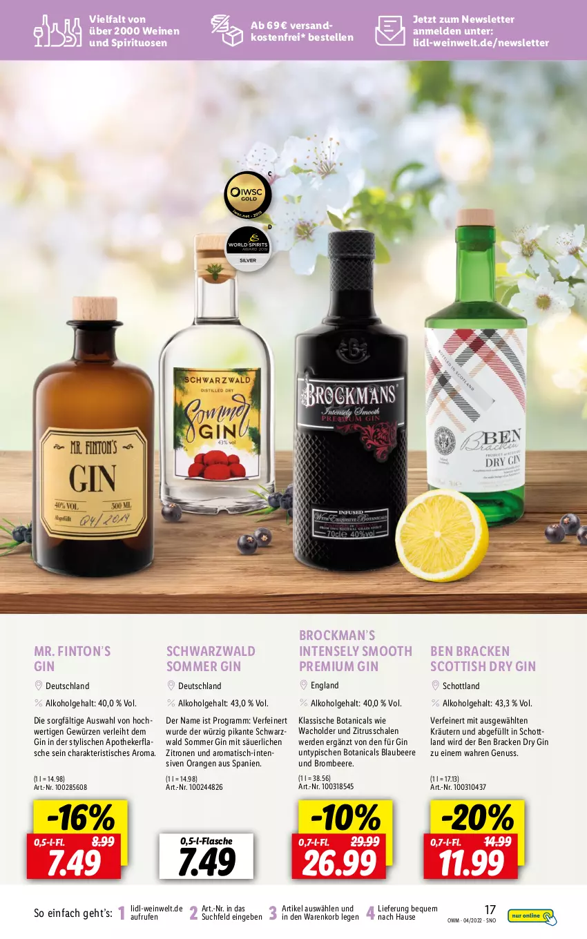 Aktueller Prospekt Lidl - Beste Weine für jeden Anlass - von 31.03 bis 30.04.2022 - strona 17 - produkty: alkohol, Apotheke, beere, Blaubeer, blaubeere, Brock, brombeere, dry gin, elle, erde, flasche, gewürz, gin, korb, kräuter, kräutern, LG, ndk, nuss, orange, orangen, Schal, Schale, schott, spirituosen, Ti, tisch, versandkostenfrei, wein, weine, zitrone, zitronen