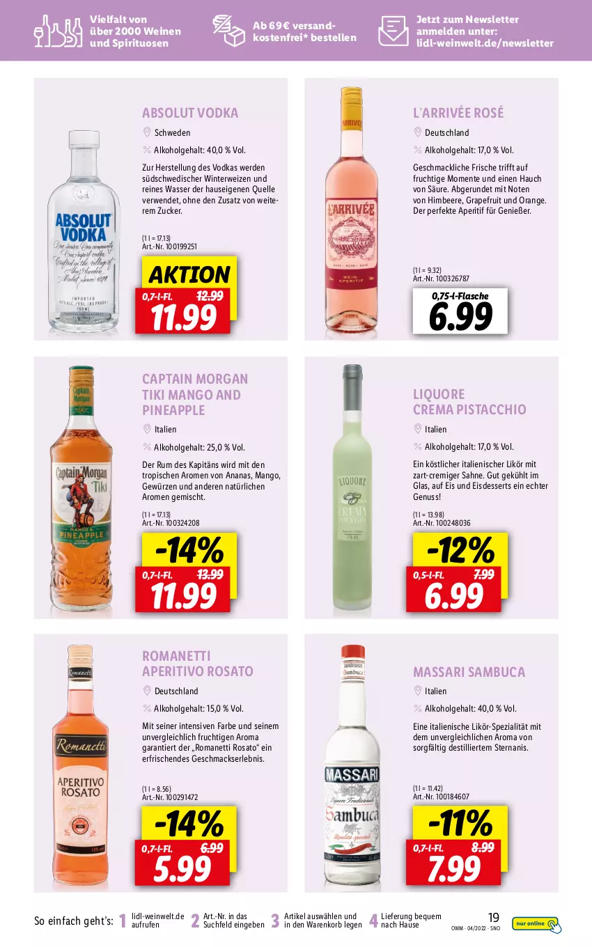 Aktueller Prospekt Lidl - Beste Weine für jeden Anlass - von 31.03 bis 30.04.2022 - strona 19 - produkty: Absolut Vodka, ACC, alkohol, ananas, aperitif, aperitivo rosato, Apple, beere, Cap, captain morgan, dessert, desserts, eis, elle, ente, erde, flasche, frucht, gewürz, grapefruit, himbeer, himbeere, korb, LG, likör, mac, mango, ndk, nuss, orange, rosato, rum, rwe, sahne, sambuca, Spezi, spirituosen, Ti, versandkostenfrei, vodka, wasser, wein, weine, zucker