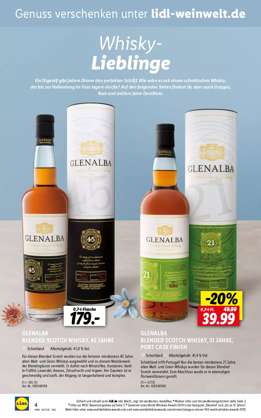 Aktueller Prospekt Lidl - Beste Weine für jeden Anlass - von 31.03 bis 30.04.2022 - strona 4 - produkty: alkohol, ananas, blended scotch, blended scotch whisky, eis, Finish, flasche, frucht, grappa, gutschein, ingwer, lavendel, LG, Meister, ndk, nuss, Portwein, rum, rwe, schott, scotch, scotch whisky, Ti, tisch, Trüffel, vanille, wein, whisky