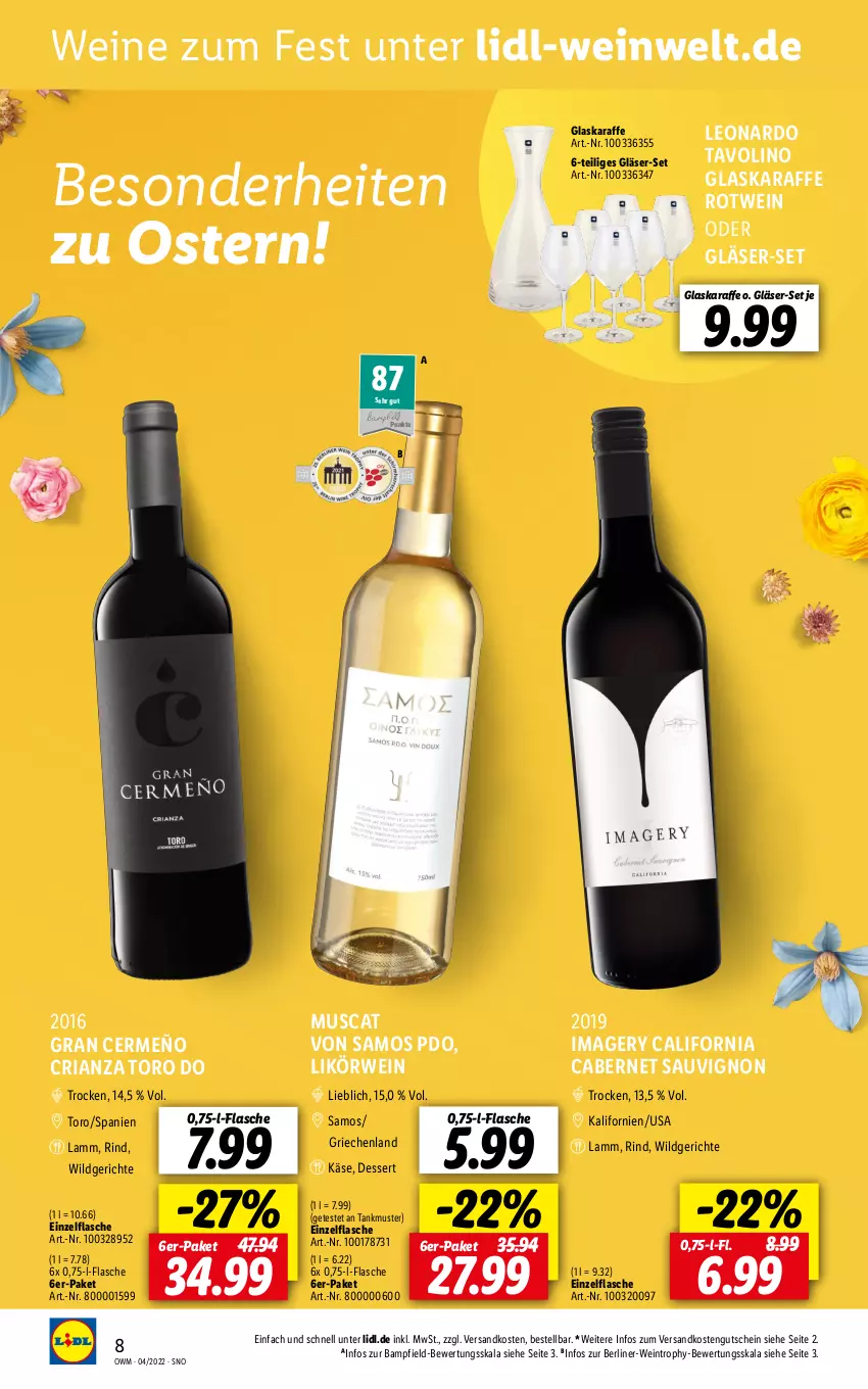 Aktueller Prospekt Lidl - Beste Weine für jeden Anlass - von 31.03 bis 30.04.2022 - strona 8 - produkty: berliner, cabernet, cabernet sauvignon, dessert, flasche, Gläser, glaskaraffe, gutschein, Karaffe, Käse, lamm, leonardo, likör, muscat, ndk, Ria, rind, rotwein, rwe, sauvignon, wein, weine, Wild