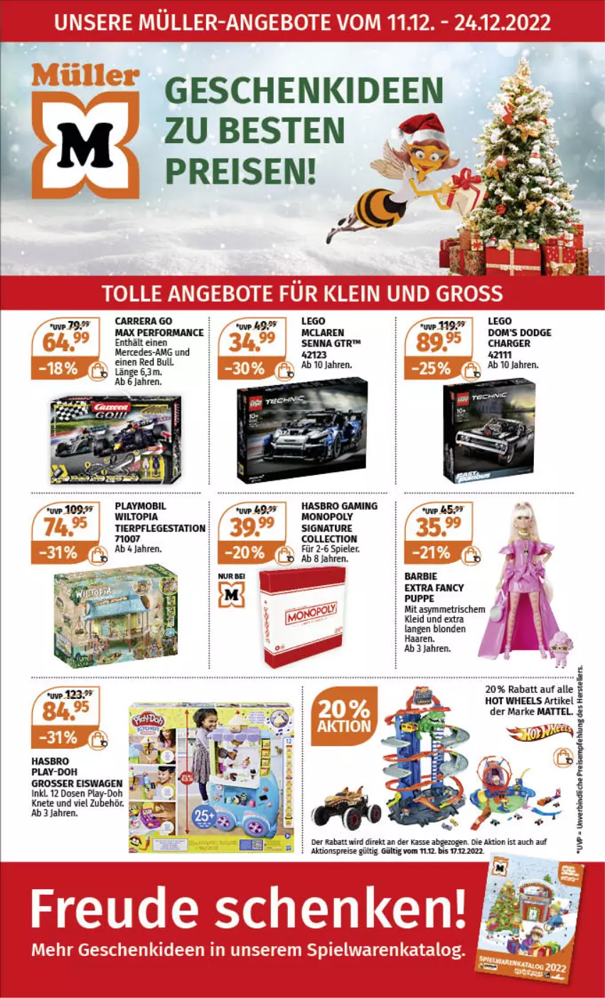 Aktueller Prospekt Mueller - Spielware & Multi-Media - von 11.12 bis 24.12.2022 - strona 1 - produkty: aktionspreis, Barbie, Carrera, eis, elle, Hasbro, Hot Wheels, kleid, Mattel, natur, Play-Doh, playmobil, Puppe, reis, Spiele, teller, Ti