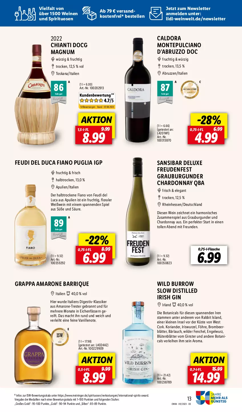 Aktueller Prospekt Lidl - September-Highlights in der Weinwel - von 01.09 bis 30.09.2023 - strona 13 - produkty: amaro, Blüte, burgunder, chardonnay, chia, chianti, elle, Engel, fenchel, flasche, frucht, gin, grappa, grauburgunder, Koriander, leine, LG, mac, magnum, monte, Montepulciano, ndk, Ria, spirituosen, Ti, vanille, versandkostenfrei, wein, weine, Weißwein, Wild