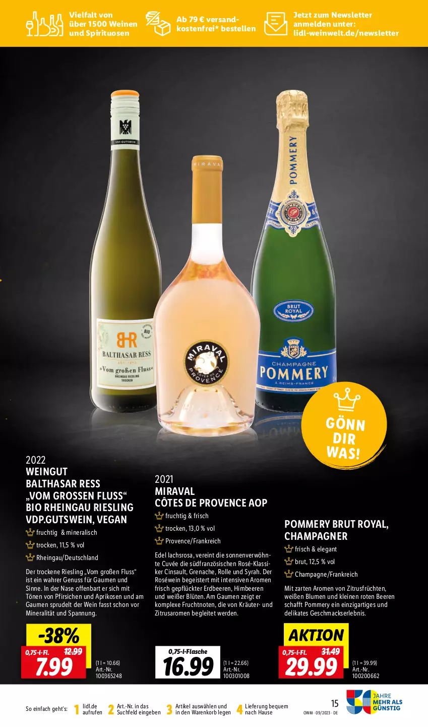 Aktueller Prospekt Lidl - September-Highlights in der Weinwel - von 01.09 bis 30.09.2023 - strona 15 - produkty: aprikose, aprikosen, beere, beeren, bio, blume, blumen, Blüte, brut, champagne, champagner, cin, Côtes de Provence, cuvée, eis, elle, erdbeere, erdbeeren, erde, flasche, frucht, früchte, früchten, himbeer, himbeere, himbeeren, korb, kräuter, lachs, leine, mac, nuss, pfirsich, pfirsiche, riesling, roséwein, saro, spirituosen, Sprudel, Ti, wein, weine