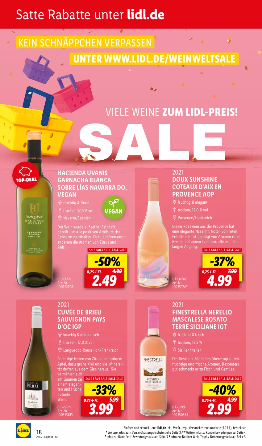 Aktueller Prospekt Lidl - September-Highlights in der Weinwel - von 01.09 bis 30.09.2023 - strona 18 - produkty: apfel, beere, beeren, berliner, brie, Cien, cuvée, eis, fisch, frucht, früchte, früchten, gutschein, Hefe, kiwi, ndk, reis, rel, rosato, roséwein, sauvignon, Schal, Schale, schnäppchen, sunshine, Ti, und gemüse, wein, weine