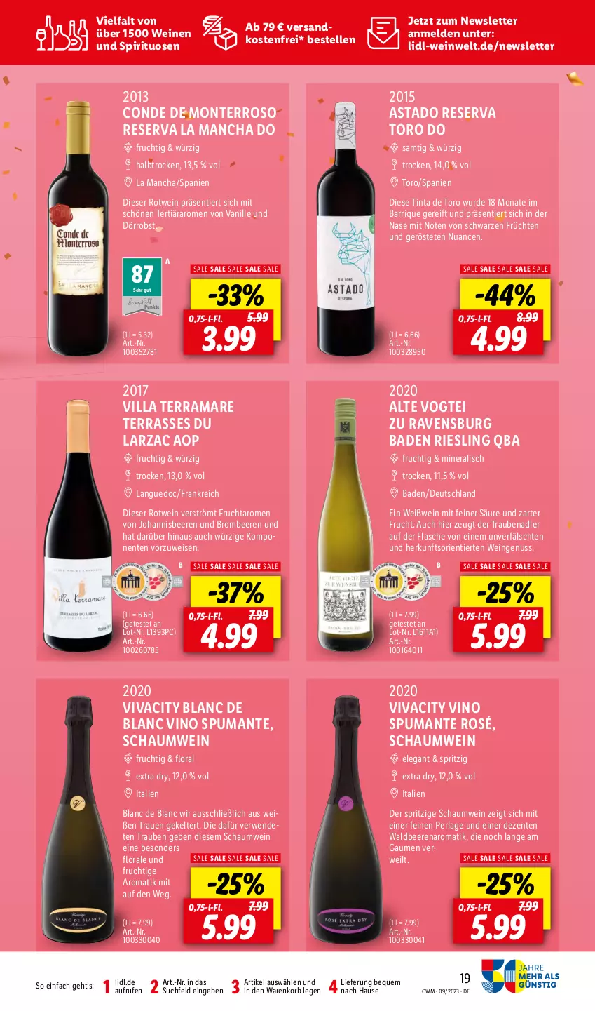 Aktueller Prospekt Lidl - September-Highlights in der Weinwel - von 01.09 bis 30.09.2023 - strona 19 - produkty: Bad, beere, beeren, brombeere, brombeeren, eis, elle, ente, flasche, frucht, früchte, früchten, johannisbeere, Johannisbeeren, korb, monte, nadler, ndk, Nuance, nuss, obst, perla, puma, rama, riesling, rotwein, rwe, spirituosen, spumante, Ti, trauben, vanille, versandkostenfrei, Vino Spumante, wein, weine, Weißwein