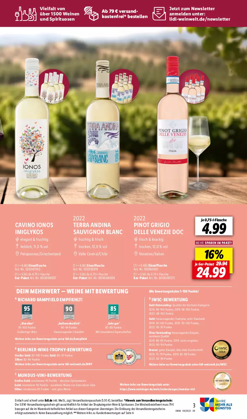 Aktueller Prospekt Lidl - September-Highlights in der Weinwel - von 01.09 bis 30.09.2023 - strona 3 - produkty: auto, berliner, dell, eis, elle, ente, flasche, frucht, gutschein, korb, LG, ndk, Pinot, pinot grigio, rwe, sauvignon, sauvignon blanc, Schal, Schale, spirituosen, Ti, tisch, versandkostenfrei, wein, weine