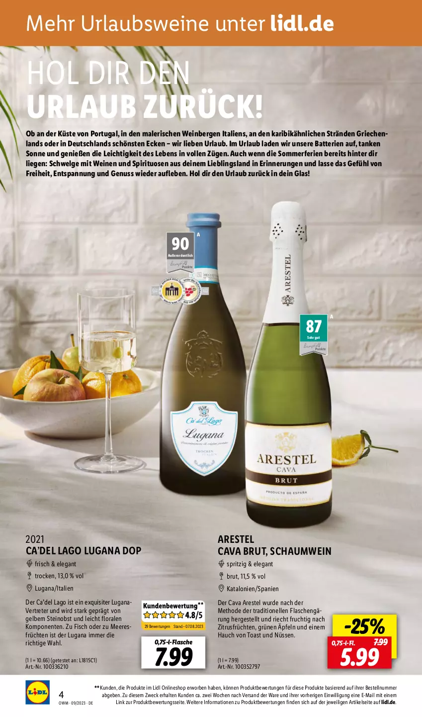 Aktueller Prospekt Lidl - September-Highlights in der Weinwel - von 01.09 bis 30.09.2023 - strona 4 - produkty: batterie, batterien, brut, Cava, elle, ente, fisch, flasche, frucht, früchte, früchten, LG, Liege, meeresfrüchte, nuss, obst, spirituosen, Ti, toast, weck, wein, weine