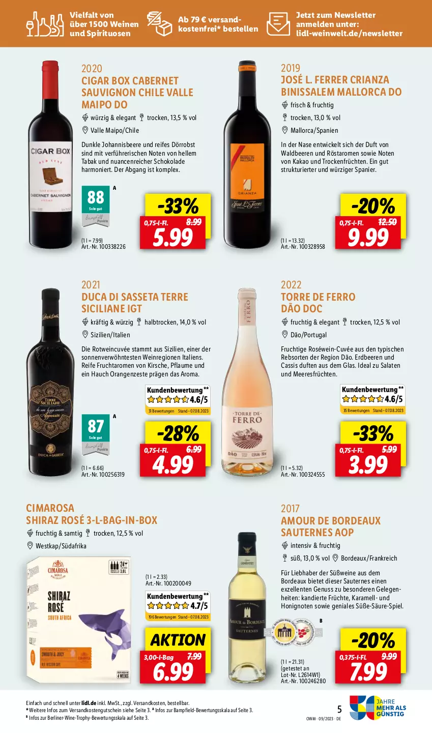 Aktueller Prospekt Lidl - September-Highlights in der Weinwel - von 01.09 bis 30.09.2023 - strona 5 - produkty: bag-in-box, beere, beeren, berliner, cabernet, cabernet sauvignon, cassis, cuvée, elle, ente, erdbeere, erdbeeren, frucht, früchte, früchten, gutschein, honig, johannisbeere, kakao, karamell, kirsch, kirsche, meeresfrüchte, ndk, Nuance, nuss, obst, orange, orangen, pflaume, Ria, roséwein, rotwein, salat, salate, Sauternes, sauvignon, schoko, schokolade, spirituosen, Ti, Trockenfrüchte, versandkostenfrei, wein, weine, WICK