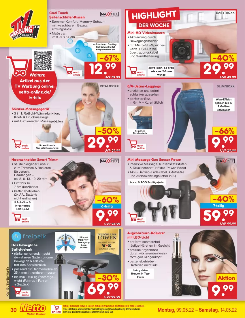 Aktueller Prospekt Netto Marken-Discount - Filial-Angebote - von 09.05 bis 14.05.2022 - strona 30 - produkty: akku, aufbewahrungskoffer, batterie, batterien, brie, deka, deo, eis, Fahrrad, gin, haarschneider, jeans, kamera, kissen, koffer, ladekabel, led-licht, leggings, LG, mac, Massagegerät, messer, ndk, rasierer, reis, Ria, ring, sattel, speicherkarte, Ti, Tiere, tisch, topf, usb, wandhalterung