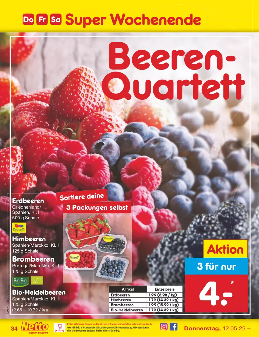 Aktueller Prospekt Netto Marken-Discount - Filial-Angebote - von 09.05 bis 14.05.2022 - strona 34 - produkty: beere, beeren, bio, brombeere, brombeeren, eis, erdbeere, erdbeeren, heidelbeere, heidelbeeren, himbeer, himbeere, himbeeren, ndk, reis, Schal, Schale, Ti, Tiere