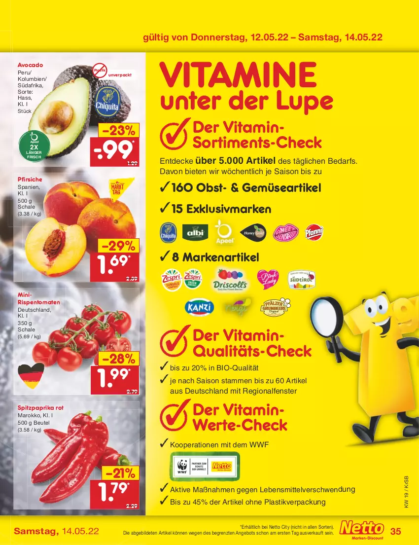 Aktueller Prospekt Netto Marken-Discount - Filial-Angebote - von 09.05 bis 14.05.2022 - strona 35 - produkty: angebot, asti, avocado, beutel, bio, decke, fenster, lebensmittel, obst, paprika, paprika rot, pfirsich, pfirsiche, rispentomaten, Schal, Schale, Spitzpaprika, Ti, tomate, tomaten, vita, Vitamine, ZTE