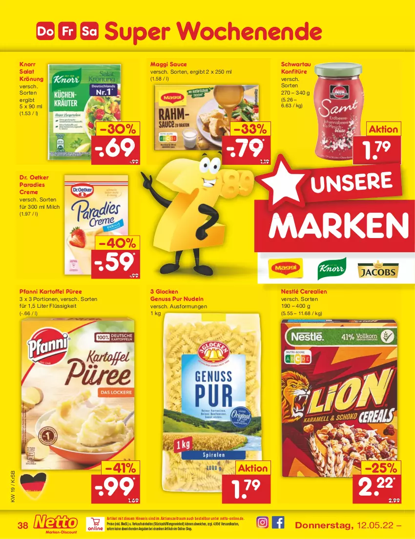 Aktueller Prospekt Netto Marken-Discount - Filial-Angebote - von 09.05 bis 14.05.2022 - strona 38 - produkty: cerealien, creme, Dr. Oetker, eis, kartoffel, knorr, konfitüre, maggi, milch, ndk, nestlé, nudel, nudeln, nuss, Paradies Creme, pfanni, püree, reis, salat, sauce, Schwartau, Ti