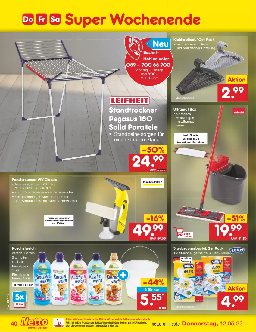 Aktueller Prospekt Netto Marken-Discount - Filial-Angebote - von 09.05 bis 14.05.2022 - strona 40 - produkty: akku, asus, Behälter, beutel, bügel, dell, deo, eimer, eis, fenster, fenstersauger, flasche, Germ, Glasreiniger, kleid, kleider, kleiderbügel, Kuschelweich, mikrofaser, mit mikrofaserwischer, Mode, ndk, perlen, rama, reifen, reiniger, reis, ring, sprühflasche, staubsauger, staubsaugerbeutel, Ti, Tiere, tisch, Trockner, uhr, wasser