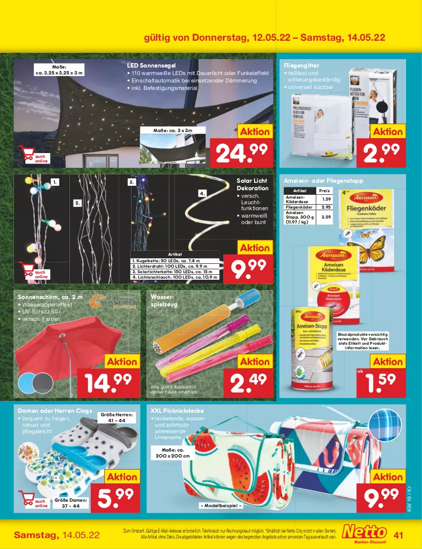 Aktueller Prospekt Netto Marken-Discount - Filial-Angebote - von 09.05 bis 14.05.2022 - strona 41 - produkty: angebot, auer, auto, bio, biozidprodukte, Clogs, decke, dekoration, dell, Draht, eis, fliegengitter, Kette, Kugel, leds, lichterkette, Liege, Mode, picknickdecke, Rauch, reis, Ria, rwe, Schal, schlauch, sonnenschirm, sonnensegel, spielzeug, telefon, Ti, uv-schutz, wasser, ZTE