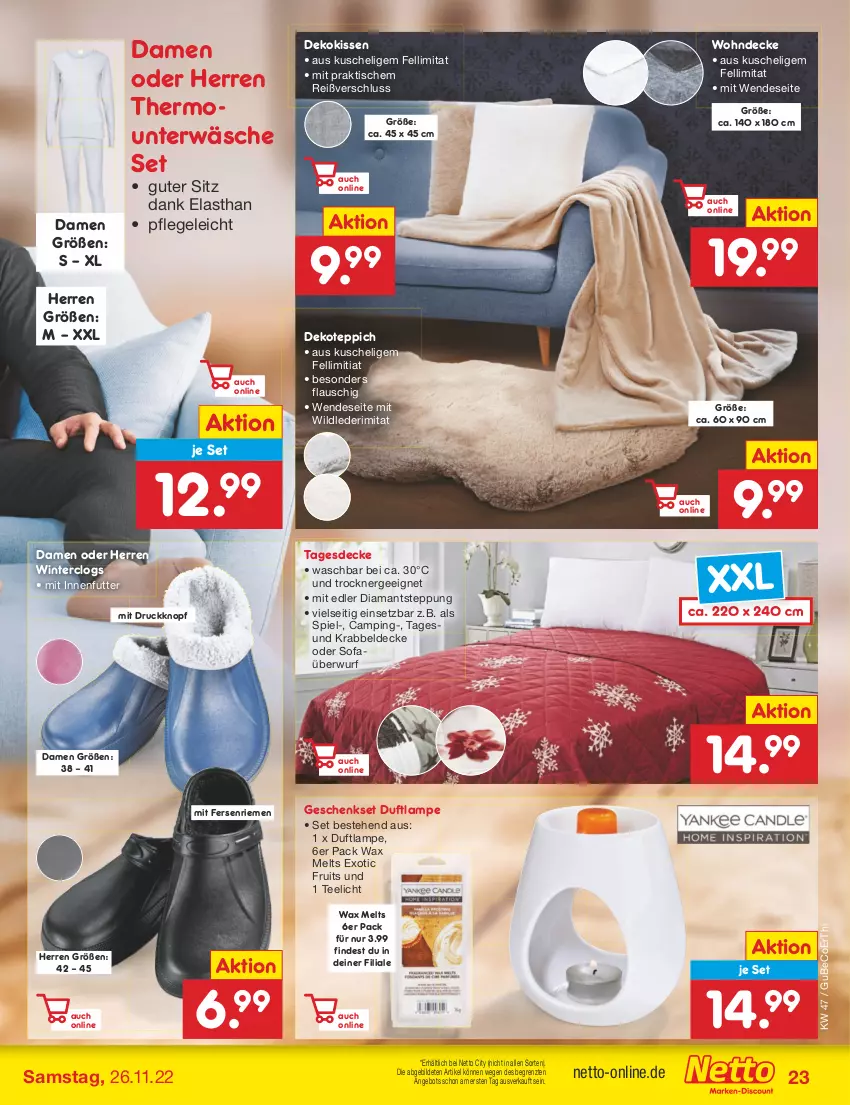 Aktueller Prospekt Netto Marken-Discount - Filial-Angebote - von 21.11 bis 26.11.2022 - strona 25 - produkty: angebot, beco, Clogs, decke, dekokissen, Duftlampe, Ergee, geschenkset, kissen, Krabbeldecke, Lampe, Sofa, Sofaüberwurf, tagesdecke, tee, Teelicht, teppich, Thermounterwäsche, Ti, tisch, Trockner, Unterwäsche, Wild, Winterclogs, ZTE