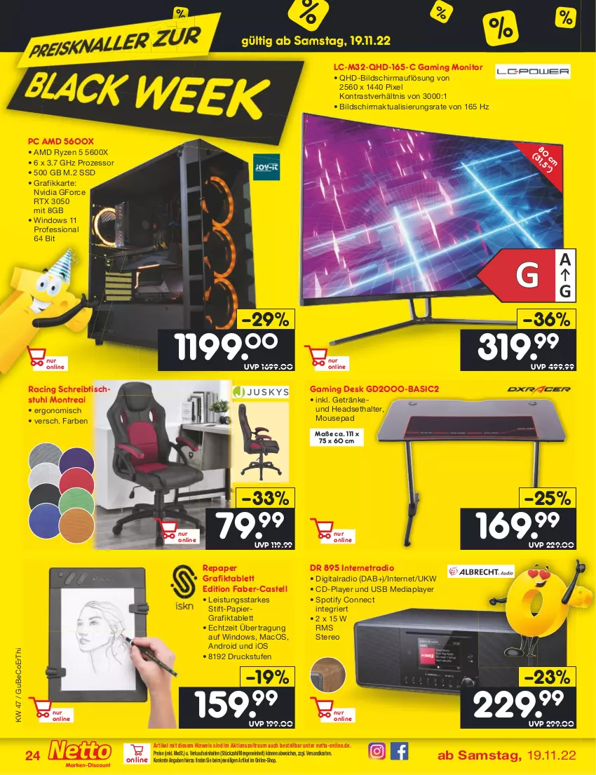 Aktueller Prospekt Netto Marken-Discount - Filial-Angebote - von 21.11 bis 26.11.2022 - strona 26 - produkty: beco, cin, eis, getränk, getränke, Headset, lack, mac, monitor, ndk, nvidia, papier, Radio, reis, rtx, ryzen, schreibtisch, ssd, stuhl, tablet, tablett, Ti, tisch, usb