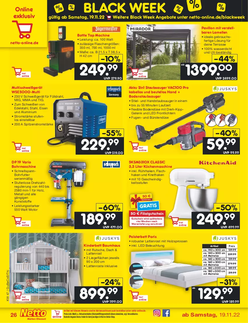 Aktueller Prospekt Netto Marken-Discount - Filial-Angebote - von 21.11 bis 26.11.2022 - strona 28 - produkty: akku, angebot, angebote, Bau, beco, beleuchtung, bett, beutel, black week, bodenstaubsauger, bürste, bürsten, Draht, edelstahl, eis, elle, flasche, gutschein, handstaubsauger, Holz, Kinder, Kinderbett, küche, Küchen, küchenmaschine, lack, latte, lattenrost, LG, Liege, mac, matratze, ndk, pavillon, polsterbett, Rauch, reis, staubsauger, Ti, tisch, wasser