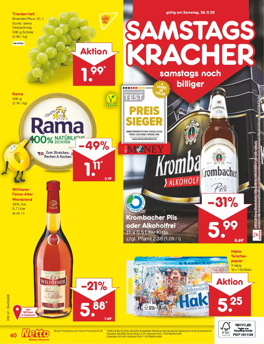 Aktueller Prospekt Netto Marken-Discount - Filial-Angebote - von 21.11 bis 26.11.2022 - strona 42 - produkty: alkohol, angebot, angebote, bestpreis, discount, eis, hakle, hakle toilettenpapier, Holz, kracher, krombache, krombacher, krombacher pils, marken-discount, ndk, papier, pils, rama, reis, sac, Schal, Schale, Ti, toilettenpapier, trauben, wein, weinbrand, wilthener, ZTE