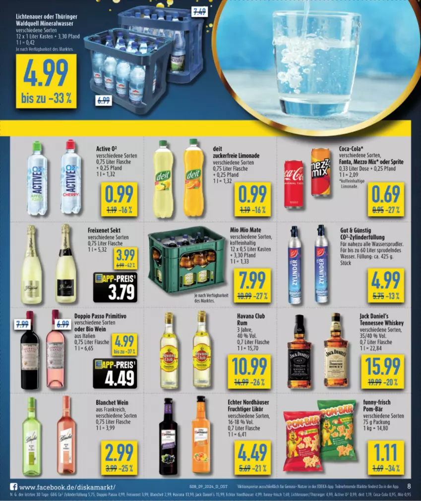 Aktueller Prospekt Diska - von 26.02 bis 02.03.2024 - strona 8 - produkty: Alwa, bio, deit, doppio passo, eis, fanta, flasche, freixenet, frucht, funny-frisch, jack daniel, Jack Daniel’s, likör, limo, limonade, Mezzo Mix, mineralwasser, Mio Mio, nuss, oder sprite, passo, pom-bär, primitivo, reis, rum, sekt, sprite, Sprudel, tennessee whiskey, Ti, wasser, wassersprudler, wein, whiskey, ZTE, zucker