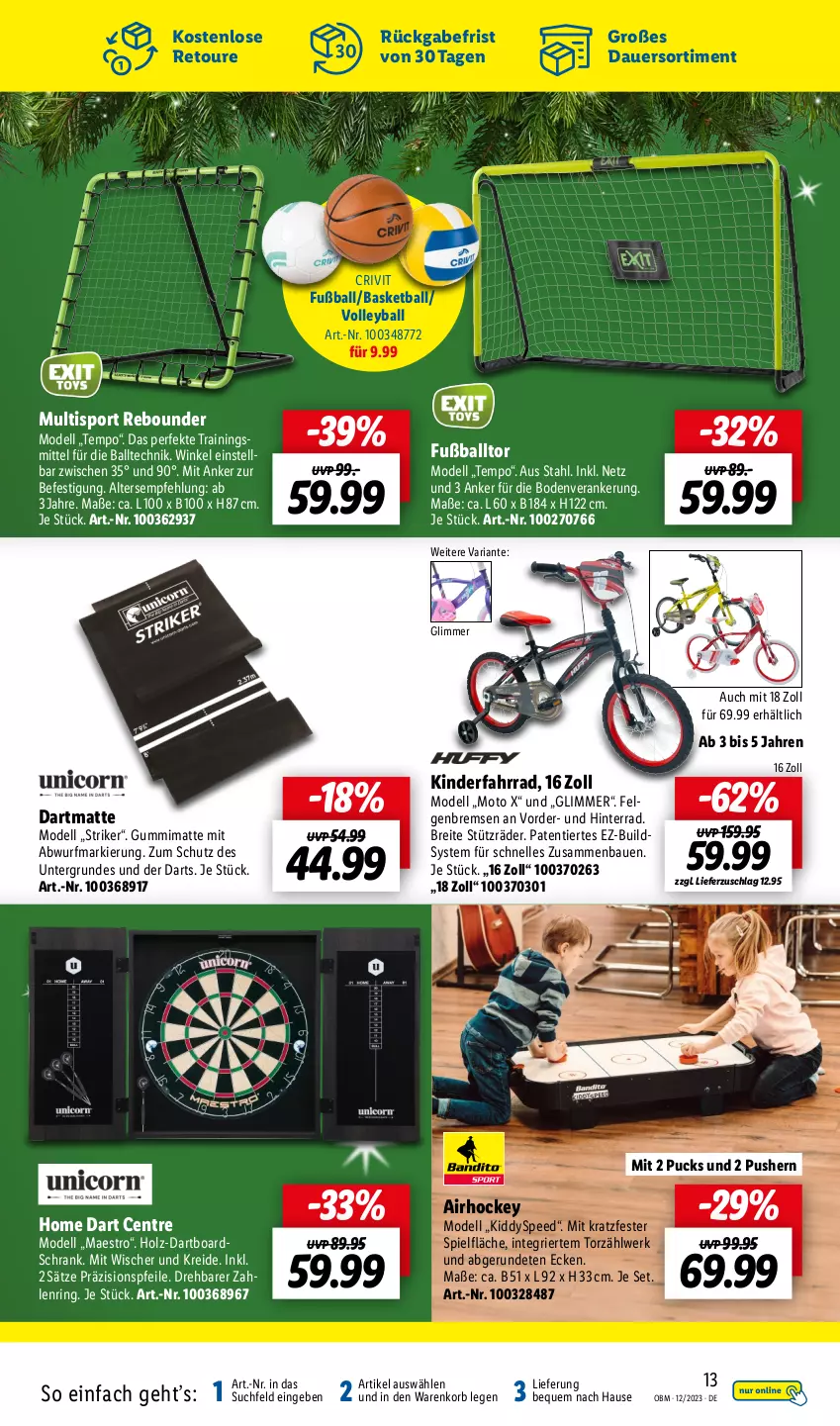 Aktueller Prospekt Lidl - Aktuelle Onlineshop-Highlights - von 01.12 bis 31.12.2023 - strona 13 - produkty: auer, ball, Bau, Brei, crivit, dell, elle, Fahrrad, felgen, Fußball, Holz, Kinder, Kinderfahrrad, korb, Kreide, LG, Mode, Ria, ring, Schrank, spee, Sport, Tempo, Ti