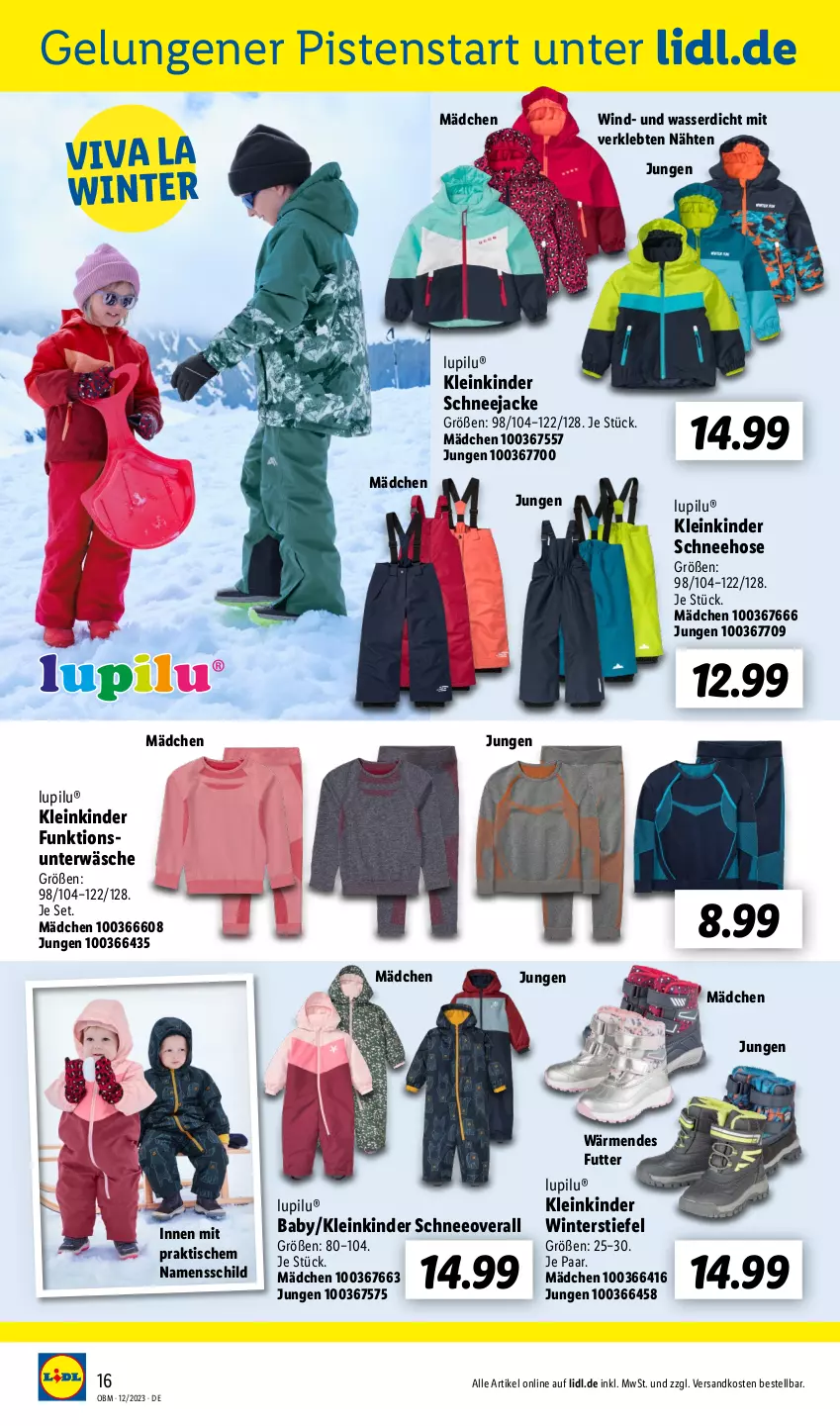 Aktueller Prospekt Lidl - Aktuelle Onlineshop-Highlights - von 01.12 bis 31.12.2023 - strona 16 - produkty: hose, Jacke, Kinder, lupilu, ndk, Overall, Schneehose, Schneejacke, Schneeoverall, Ti, tisch, Unterwäsche, wasser, Winterstiefel