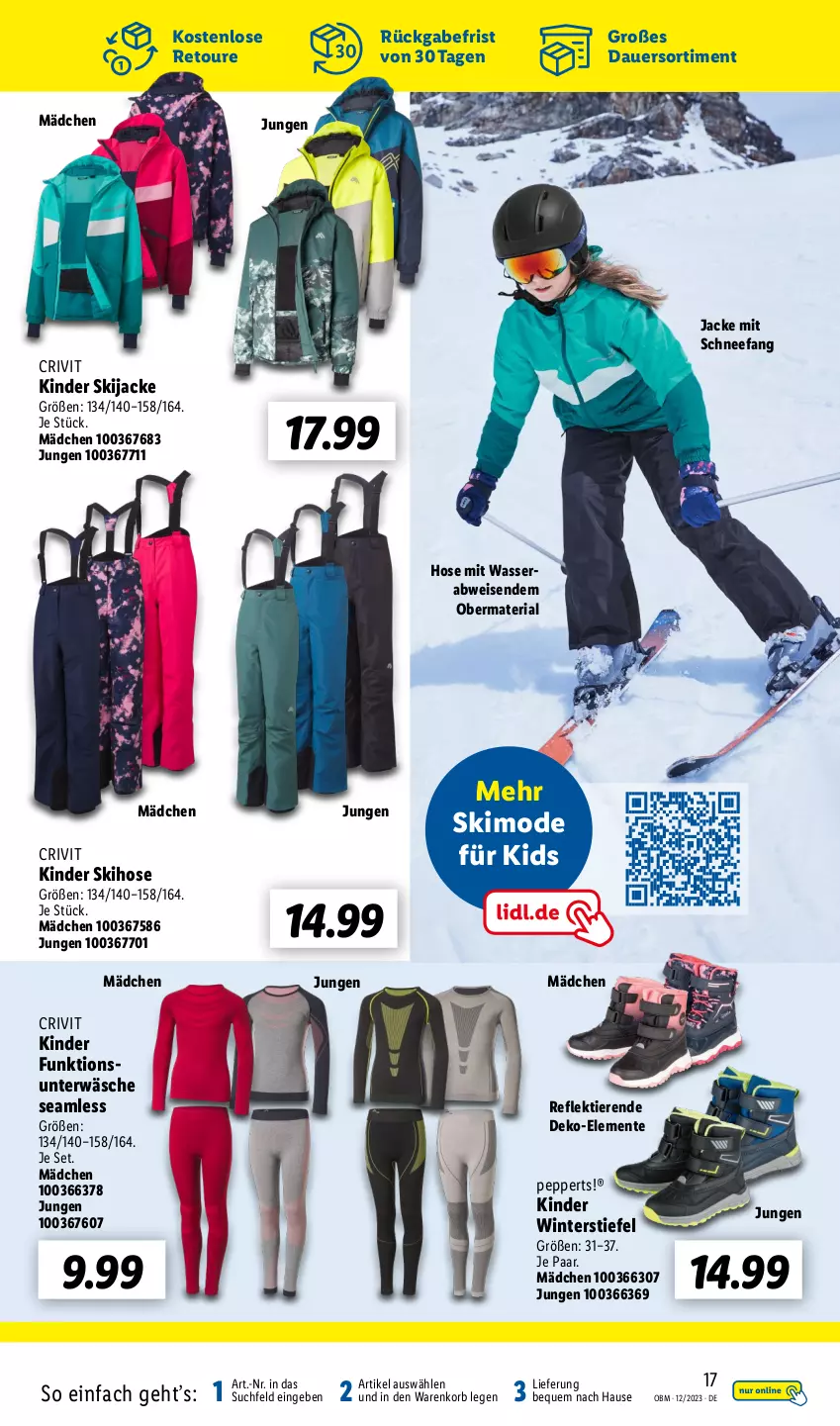 Aktueller Prospekt Lidl - Aktuelle Onlineshop-Highlights - von 01.12 bis 31.12.2023 - strona 17 - produkty: auer, crivit, eis, ente, hose, Jacke, Kinder, korb, Mode, Ria, Ti, Tiere, Unterwäsche, wasser, Winterstiefel