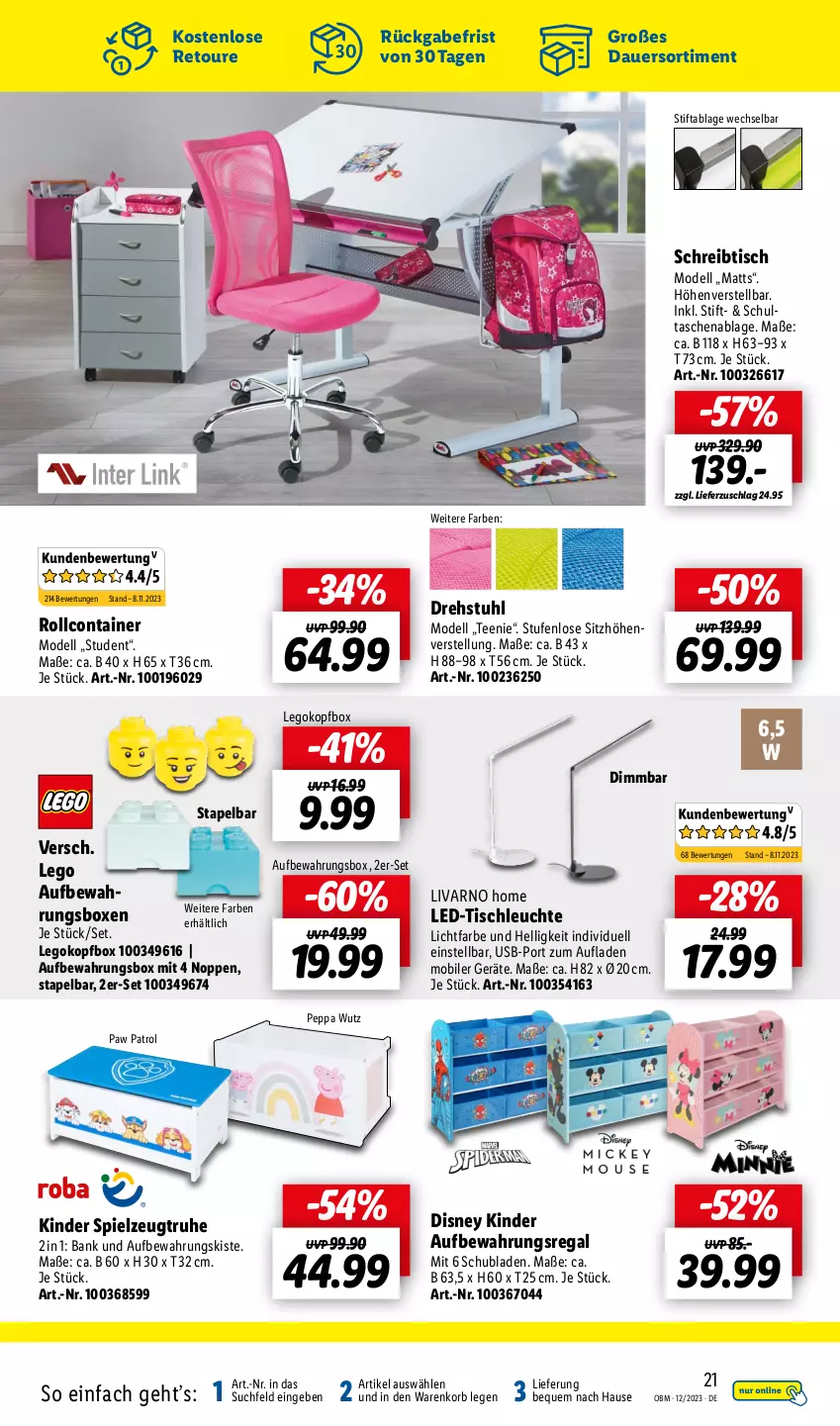 Aktueller Prospekt Lidl - Aktuelle Onlineshop-Highlights - von 01.12 bis 31.12.2023 - strona 21 - produkty: auer, aufbewahrungsbox, Bank, Container, dell, disney, drehstuhl, Kinder, korb, led-tischleuchte, Leuchte, Mode, Paw Patrol, regal, rollcontainer, schreibtisch, schubladen, Sitzhöhe, sitzhöhenverstellung, spielzeug, stuhl, Tasche, taschen, tee, Ti, tisch, tischleuchte, usb