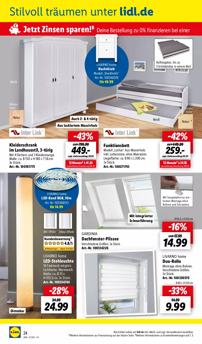 Aktueller Prospekt Lidl - Aktuelle Onlineshop-Highlights - von 01.12 bis 31.12.2023 - strona 24 - produkty: bett, dell, fenster, gardinia, Holz, kleid, kleider, kleiderschrank, lack, latte, lattenrost, led-stehleuchte, Leuchte, Liege, massivholz, matratze, matratzen, Mode, natur, ndk, ohne matratze, Schrank, schrauben, stehleuchte, Ti, tisch, ZTE