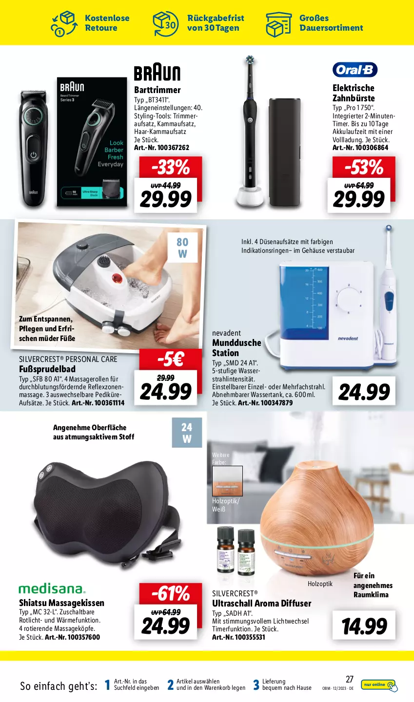 Aktueller Prospekt Lidl - Aktuelle Onlineshop-Highlights - von 01.12 bis 31.12.2023 - strona 27 - produkty: akku, auer, Bad, bürste, Diffuser, dusche, Fußsprudelbad, Holz, kissen, korb, Persona, ring, Schal, silvercrest, Sprudel, Sprudelbad, Ti, Tiere, timer, wasser, wassertank, zahnbürste