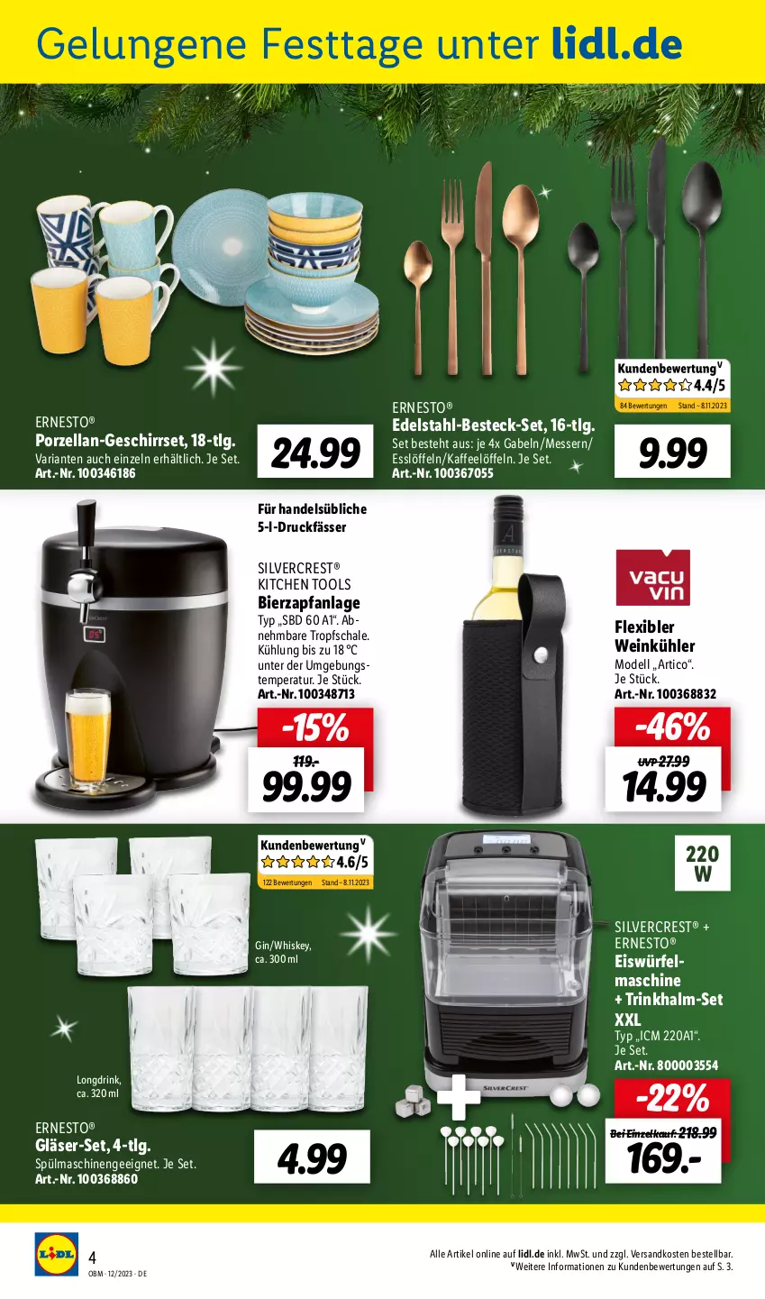 Aktueller Prospekt Lidl - Aktuelle Onlineshop-Highlights - von 01.12 bis 31.12.2023 - strona 4 - produkty: besteck, besteck-set, bier, dell, drink, edelstahl, Edelstahl-Besteck, eis, eiswürfel, ernesto, gabel, geschirr, gin, Gläser, kaffee, LG, Löffel, messer, Mode, ndk, Ria, Schal, Schale, silvercrest, spülmaschinen, Ti, wein, whiskey, würfel