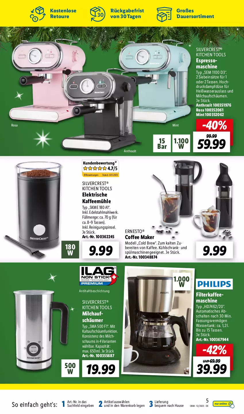 Aktueller Prospekt Lidl - Aktuelle Onlineshop-Highlights - von 01.12 bis 31.12.2023 - strona 5 - produkty: auer, auto, dell, edelstahl, ernesto, espresso, filterkaffee, kaffee, kaffeemaschine, Kaffeemühle, korb, kühlschrank, milch, milchaufschäumer, mint, Mode, Pinsel, Reinigung, Ria, Schal, Schrank, silvercrest, spülmaschinen, tasse, Ti, tisch, wasser, wassertank