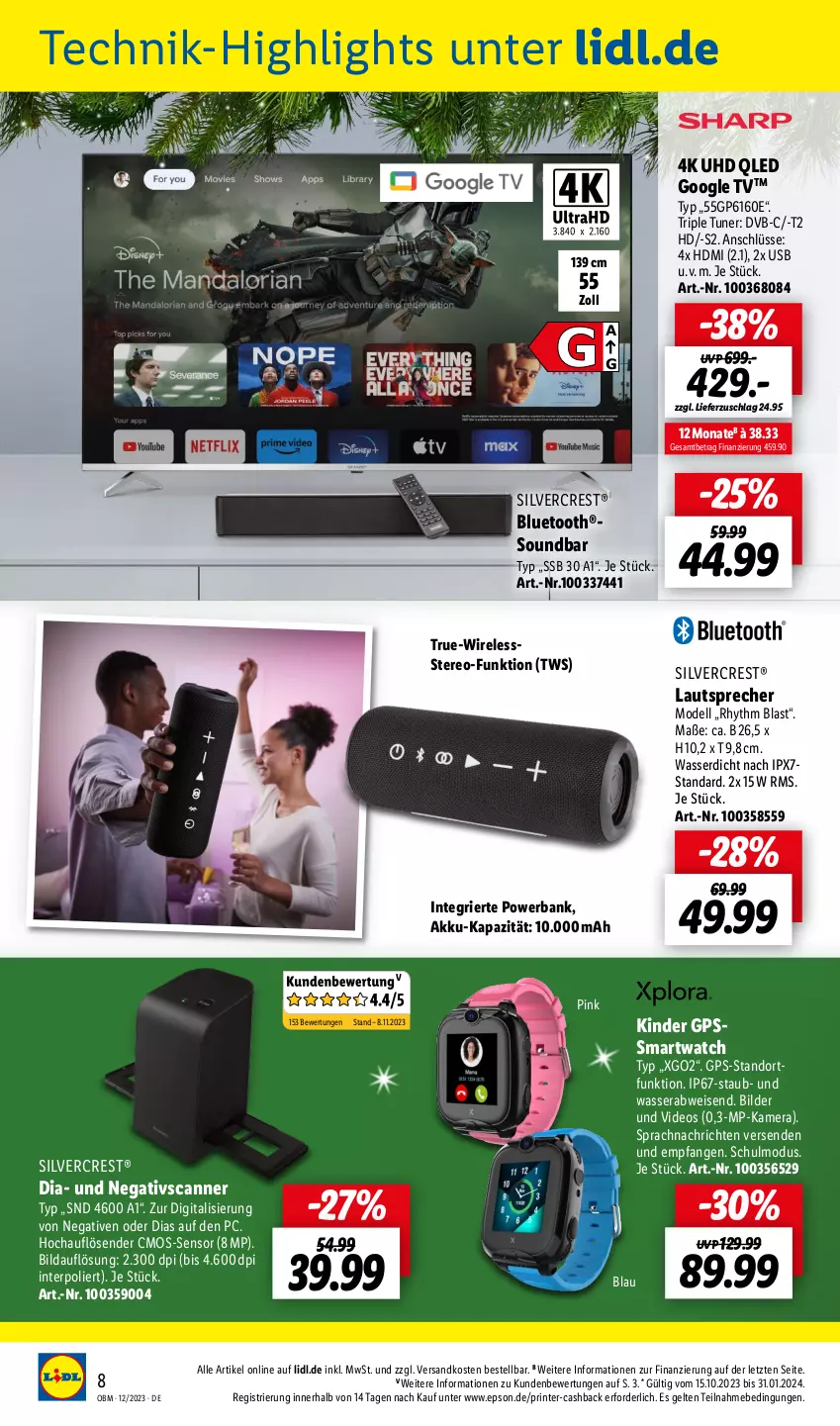 Aktueller Prospekt Lidl - Aktuelle Onlineshop-Highlights - von 01.12 bis 31.12.2023 - strona 8 - produkty: akku, Bank, cmos-sensor, dell, deo, dvb, eis, epson, GPS, HDMI, kamera, Kinder, lautsprecher, Mode, ndk, powerbank, qled, rel, Scanner, silvercrest, smartwatch, soundbar, Ti, tuner, uhd, usb, wasser, ZTE