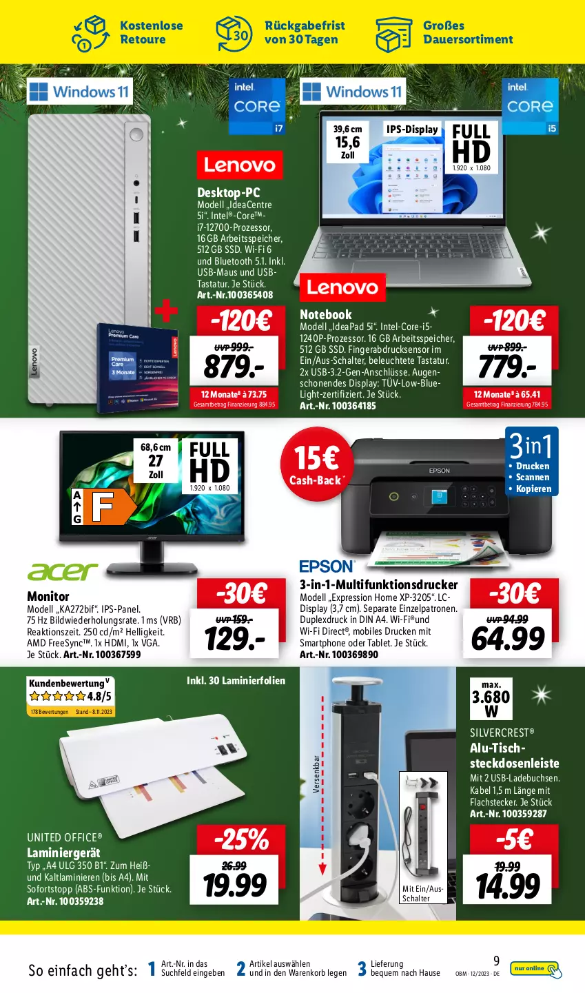 Aktueller Prospekt Lidl - Aktuelle Onlineshop-Highlights - von 01.12 bis 31.12.2023 - strona 9 - produkty: auer, buch, dell, Desktop-pc, din a4, drucker, eis, fingerabdrucksensor, HDMI, Intel, ips-display, ips-panel, korb, Leuchte, LG, Maus, Mode, monitor, multifunktionsdrucker, notebook, office, Schal, silvercrest, smartphone, ssd, steckdose, Steckdosenleiste, tablet, Tastatur, Ti, tisch, usb