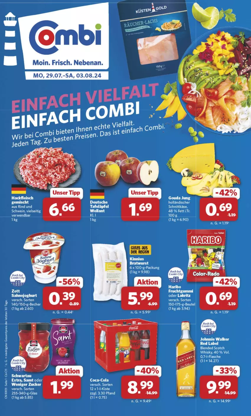 Aktueller Prospekt Combi - Prospekte - von 29.07 bis 03.08.2024 - strona 1 - produkty: blended scotch, blended scotch whisky, coca-cola, cola, eis, flasche, frucht, fruchtgummi, gouda, gouda jung, haribo, holländischer schnittkäse, Käse, Lakritz, oder lakritz, reis, rind, rwe, schnittkäse, Schwartau, schwein, scotch, scotch whisky, tafeläpfel, Ti, wein, Wella, whisky, ZTE, zucker