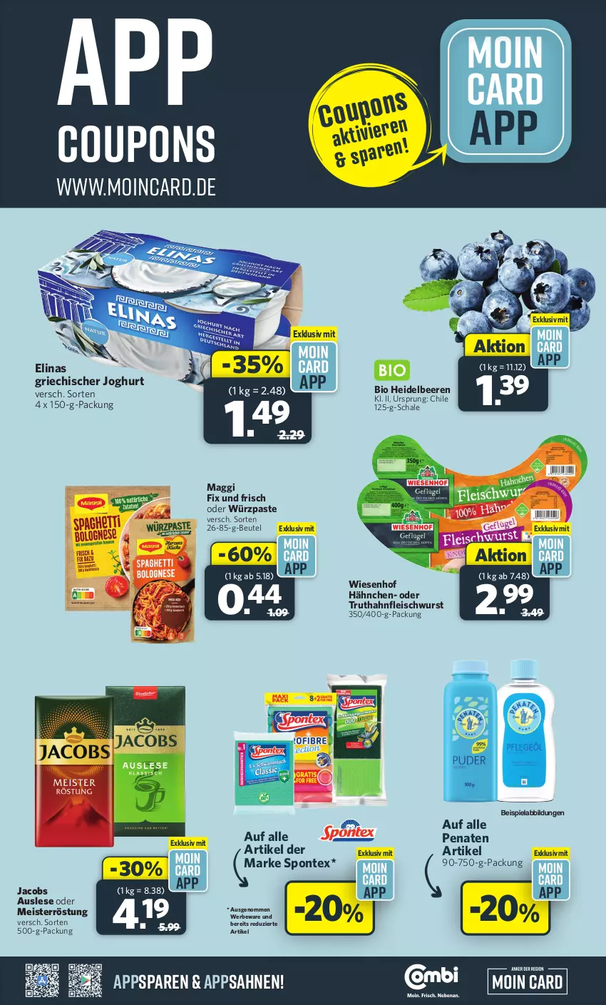 Aktueller Prospekt Combi - Prospekte - von 29.07 bis 03.08.2024 - strona 11 - produkty: beere, beeren, beispielabbildung, beutel, bio, coupon, coupons, eis, elinas, fleisch, fleischwurst, Griechischer Joghurt, heidelbeere, heidelbeeren, jacobs, joghur, joghurt, maggi, maggi fix, Meister, meisterröstung, penaten, sahne, Schal, Schale, spontex, Ti, truthahn, wiesenhof, wurst