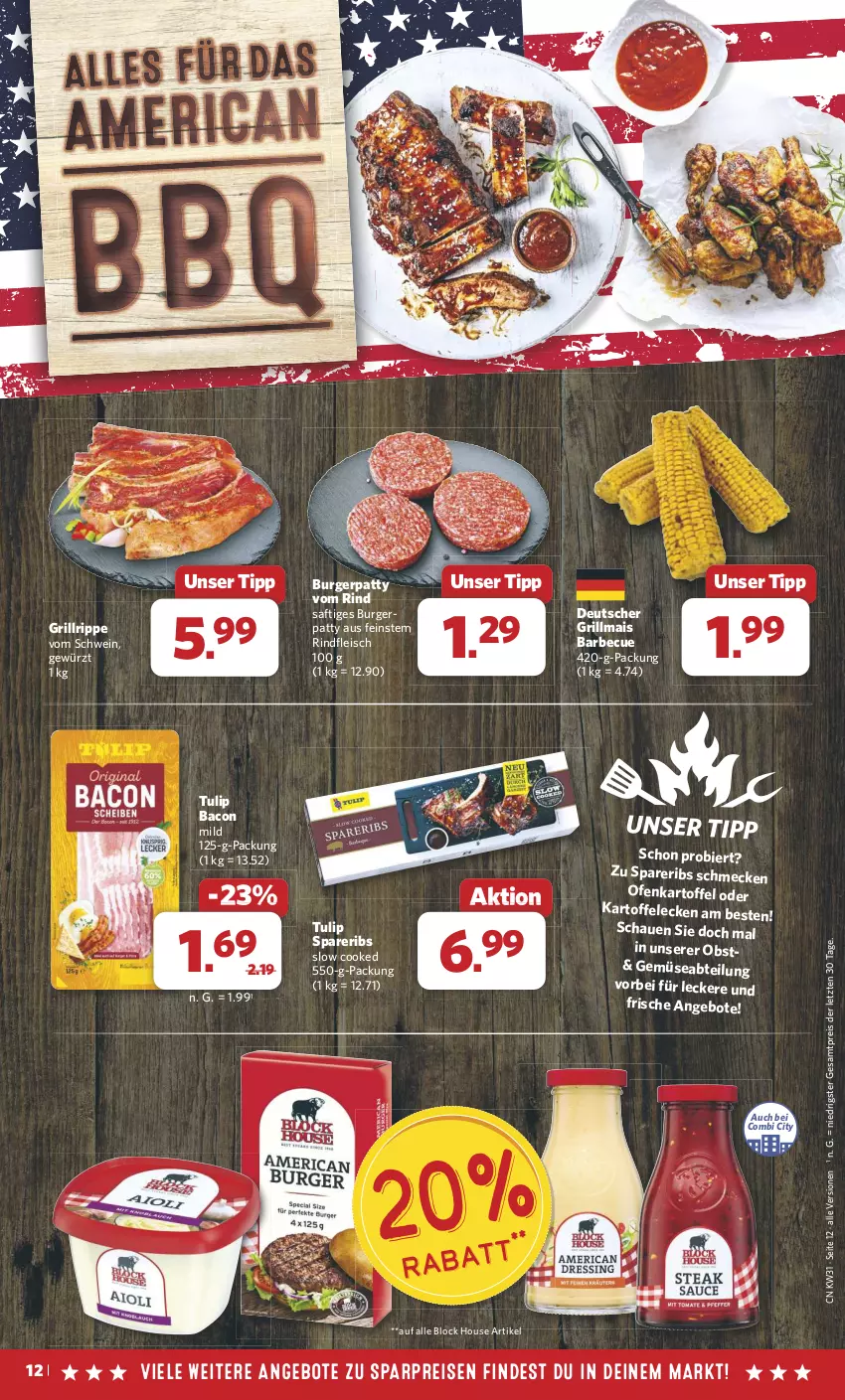 Aktueller Prospekt Combi - Prospekte - von 29.07 bis 03.08.2024 - strona 14 - produkty: Abtei, angebot, angebote, bacon, barbecue, bier, burger, eis, fleisch, gewürz, grill, Grillmais, grillrippe, kartoffel, mais, obst, Ofen, reis, rind, rindfleisch, saft, schwein, spareribs, Ti, tulip, wein, ZTE