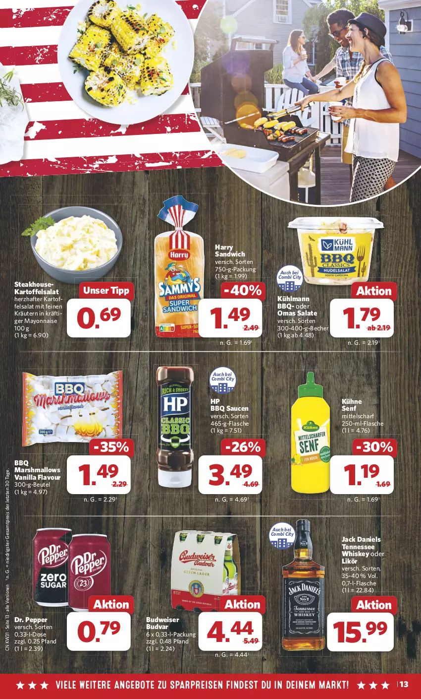 Aktueller Prospekt Combi - Prospekte - von 29.07 bis 03.08.2024 - strona 15 - produkty: angebot, angebote, Becher, beutel, budweiser, eis, flasche, HP, jack daniel, jack daniels, kartoffel, kartoffelsalat, kräuter, kräutern, kühlmann, Kühne, kühne senf, likör, mars, mayonnaise, reis, salat, salate, sandwich, sauce, saucen, senf, steak, tennessee whiskey, Ti, whiskey, Yo, ZTE