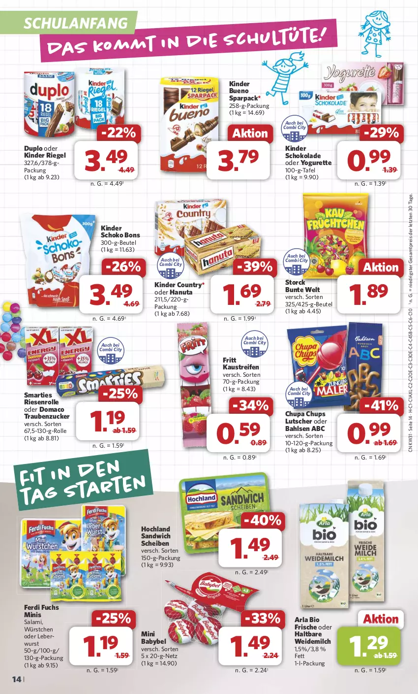 Aktueller Prospekt Combi - Prospekte - von 29.07 bis 03.08.2024 - strona 16 - produkty: arla, aust, babybel, bahlsen, beutel, bio, chupa, chupa chups, duplo, eis, ferdi fuchs, hanuta, hochland, Kaustreifen, Kinder, kinder bueno, kinder country, kinder riegel, kinder schokolade, leberwurst, Lutscher, mac, milch, mini babybel, oder yogurette, reifen, reis, riegel, salami, sandwich, schoko, schokolade, smarties, storck, Ti, trauben, Tüte, weidemilch, wurst, würstchen, Yo, yogurette, ZTE, zucker