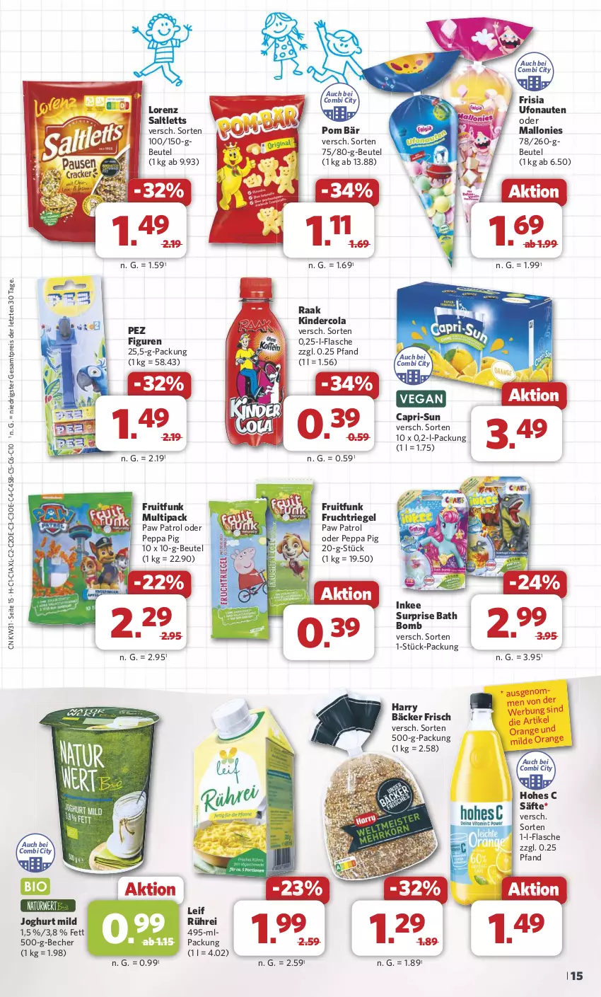 Aktueller Prospekt Combi - Prospekte - von 29.07 bis 03.08.2024 - strona 17 - produkty: Becher, beutel, Cap, capri-sun, cola, eis, flasche, frucht, Hohes C, joghur, joghurt, joghurt mild, Kinder, lorenz, orange, Paw Patrol, Peppa Pig, reis, riegel, säfte, saltletts, Ti, ZTE