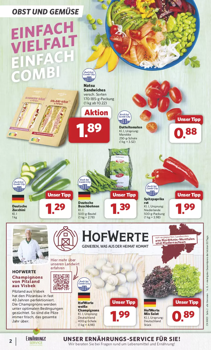 Aktueller Prospekt Combi - Prospekte - von 29.07 bis 03.08.2024 - strona 2 - produkty: Bau, beutel, bohne, bohnen, Buschbohnen, champignon, champignons, datteltomaten, eis, erde, lebensmittel, obst, Obst und Gemüse, paprika, paprika rot, pilze, reis, sac, salat, sandwich, Schal, Schale, Spitzpaprika, Ti, tomate, tomaten, und gemüse, ZTE, zucchini