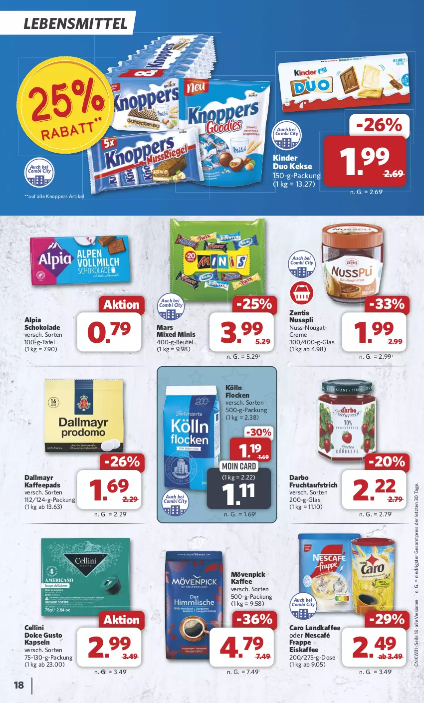 Aktueller Prospekt Combi - Prospekte - von 29.07 bis 03.08.2024 - strona 20 - produkty: alpia, aufstrich, beutel, creme, dallmayr, darbo, dolce gusto, eis, eiskaffee, frucht, fruchtaufstrich, kaffee, kaffeepads, keks, kekse, Kinder, knoppers, kölln, lebensmittel, mars, mövenpick, mövenpick kaffee, ndk, Nescafé, Nougatcreme, nuss, nusspli, reis, schoko, schokolade, Ti, zentis, ZTE