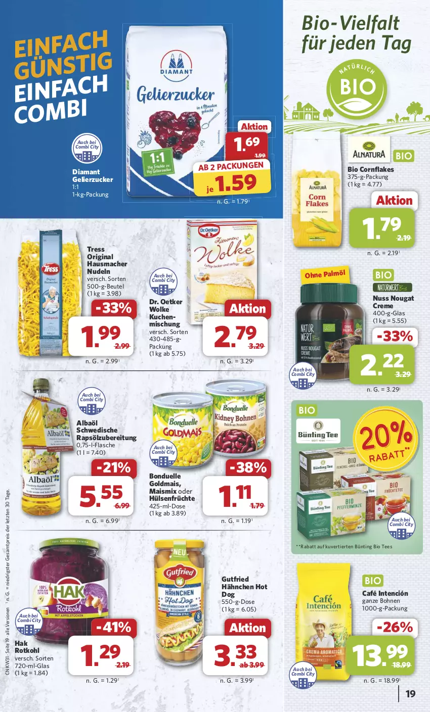 Aktueller Prospekt Combi - Prospekte - von 29.07 bis 03.08.2024 - strona 21 - produkty: beutel, bio, bohne, bohnen, bonduelle, bonduelle goldmais, creme, Dr. Oetker, eis, elle, flakes, flasche, früchte, gelierzucker, gin, Goldmais, gutfried, Hausmacher, hot dog, hülsenfrüchte, kuchen, mac, mais, nougat creme, nudel, nudeln, nuss, ohne palmöl, rapsöl, reis, rotkohl, senf, tee, Ti, ZTE, zucker