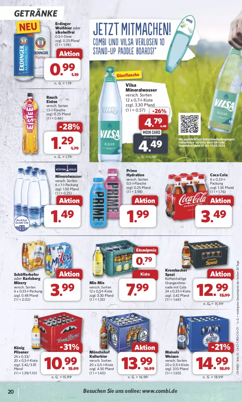 Aktueller Prospekt Combi - Prospekte - von 29.07 bis 03.08.2024 - strona 22 - produkty: alkohol, Alwa, bier, cola, eis, eistee, elle, erdinger, flasche, getränk, getränke, karlsberg, karlsberg mixery, kellerbier, könig pilsener, krombache, krombacher, limo, limonade, mais, mineralwasser, Mio Mio, Mixer, mixery, mönchshof, orange, orangen, pils, pilsener, Rauch, reis, schöfferhofer, Spezi, tee, Ti, vilsa, wasser, ZTE